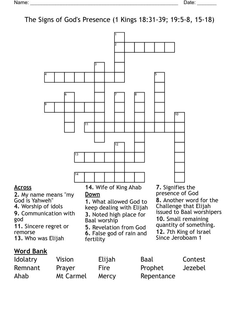The Signs of God's Presence (1 Kings 18:31-39; 19:5-8, 15-18) Crossword