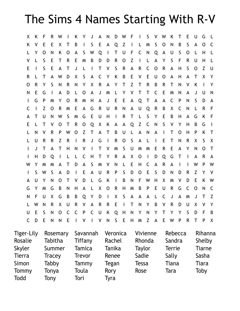 The Sims 4 Names Starting With R-V Word Search