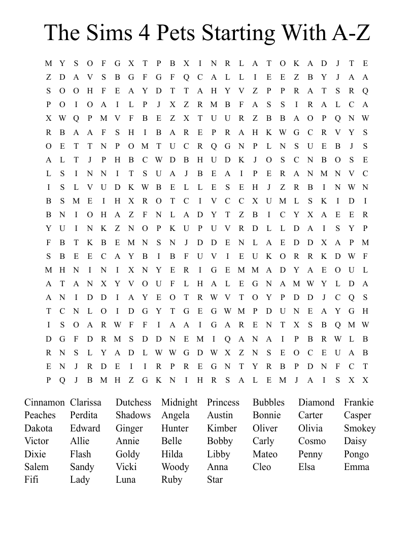The Sims 4 Pets Starting With A-Z Word Search