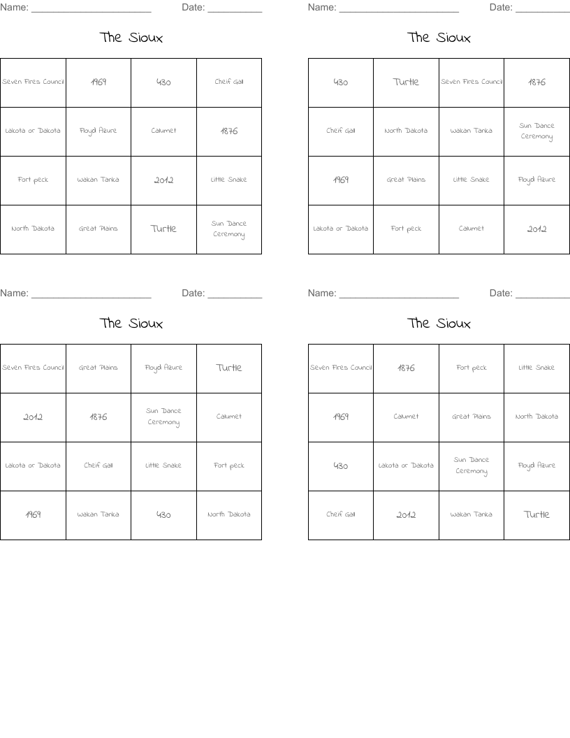 The Sioux Bingo Cards