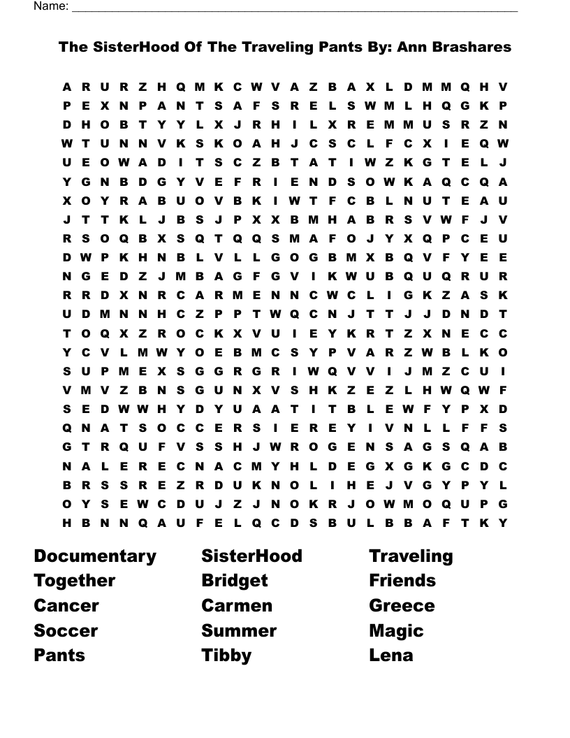 The SisterHood Of The Traveling Pants By: Ann Brashares Word Search