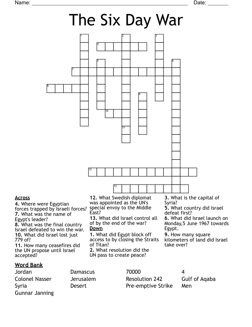 The Six Day War Crossword