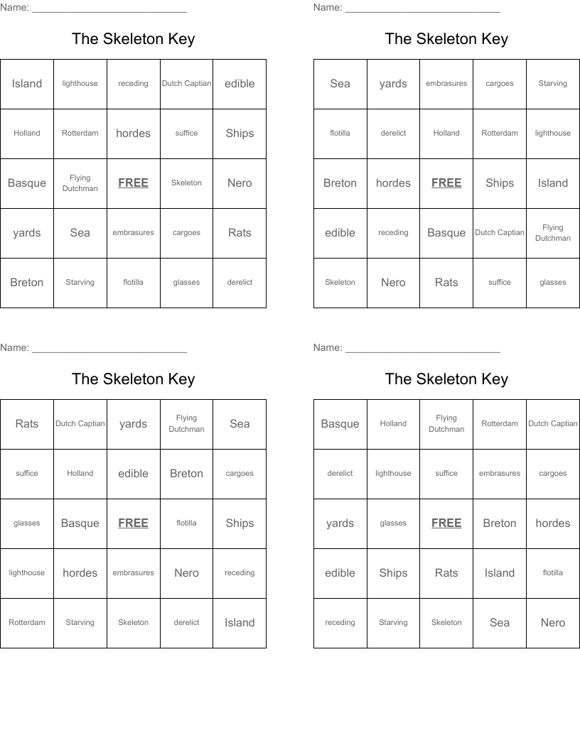 The Skeleton Key Bingo Cards