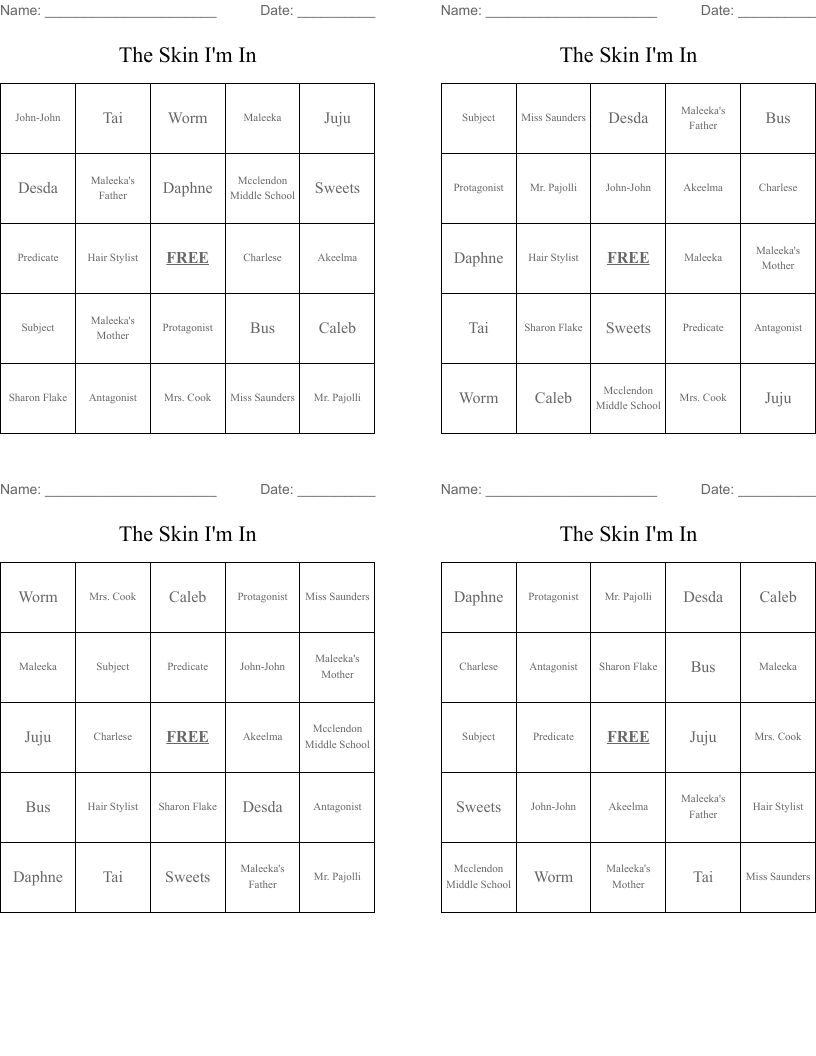 The Skin I'm In Bingo Cards