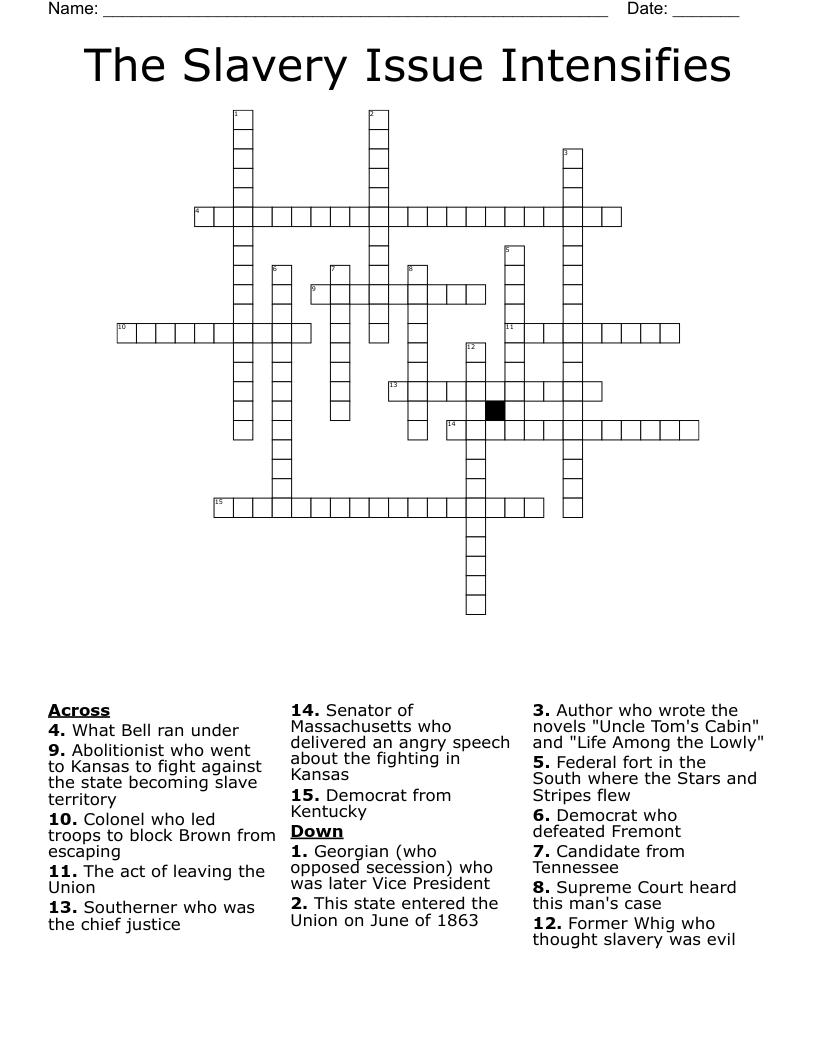 The Slavery Issue Intensifies Crossword