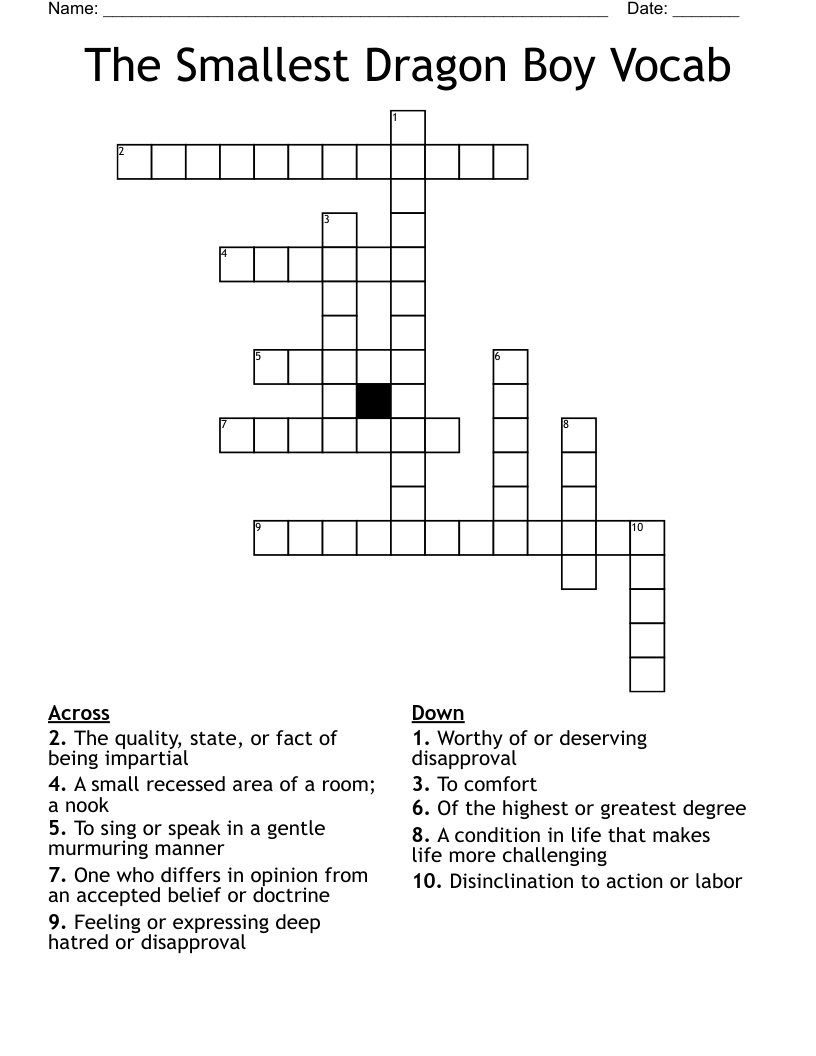 The Smallest Dragon Boy Vocab Crossword