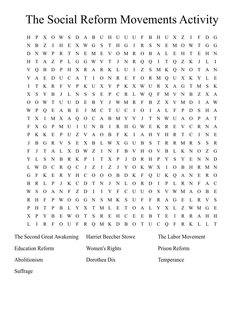 The Social Reform Movements Activity Word Search