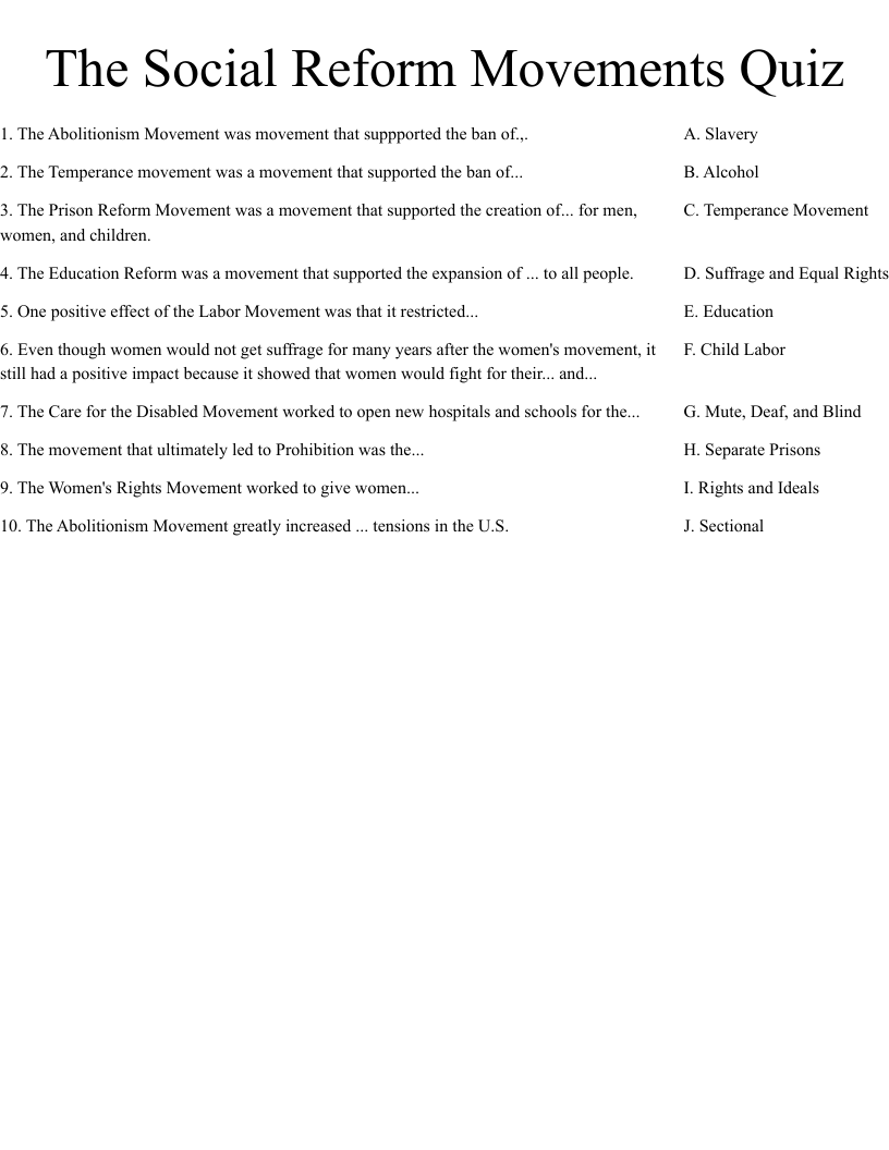 The Social Reform Movements Quiz Worksheet