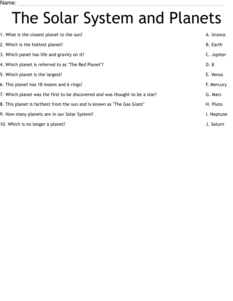 The Solar System and Planets Worksheet