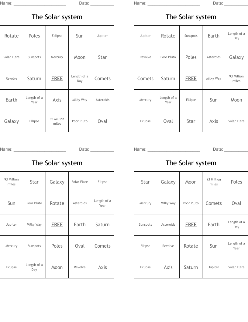 The Solar system Bingo Cards