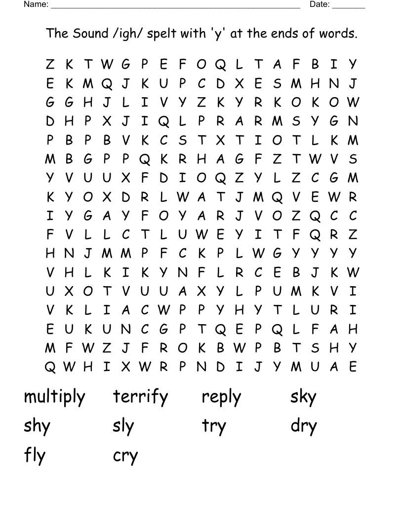 The Sound /igh/ spelt with 'y' at the ends of words.   Word Search