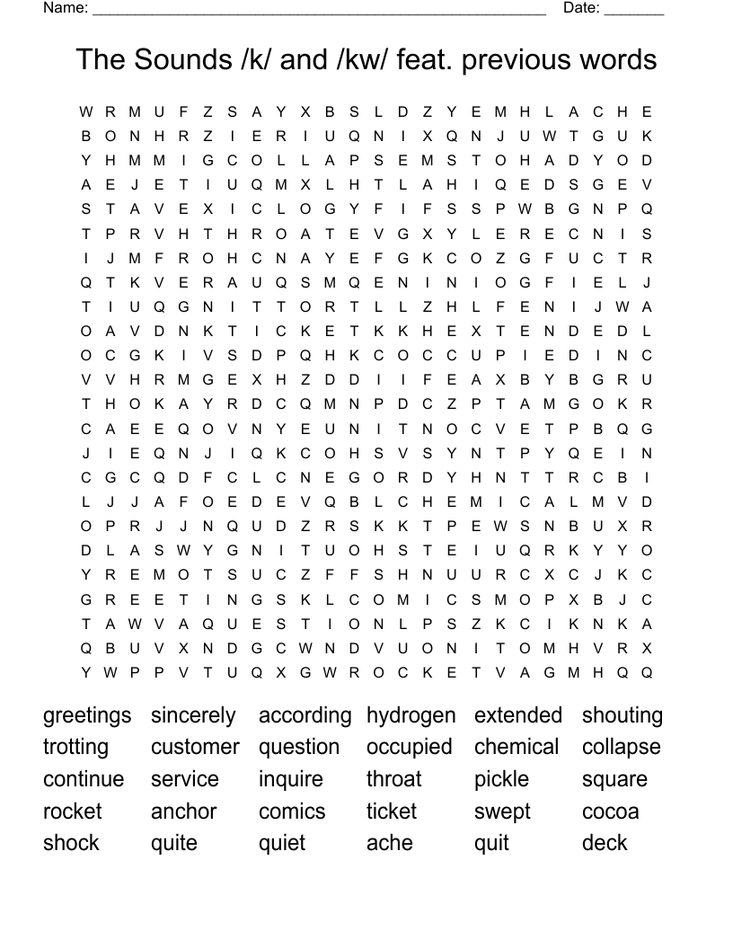 The Sounds /k/ and /kw/ feat. previous words Word Search