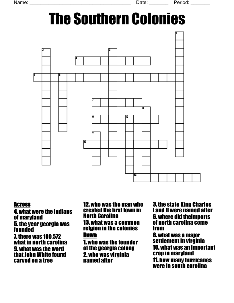 The Southern Colonies Crossword