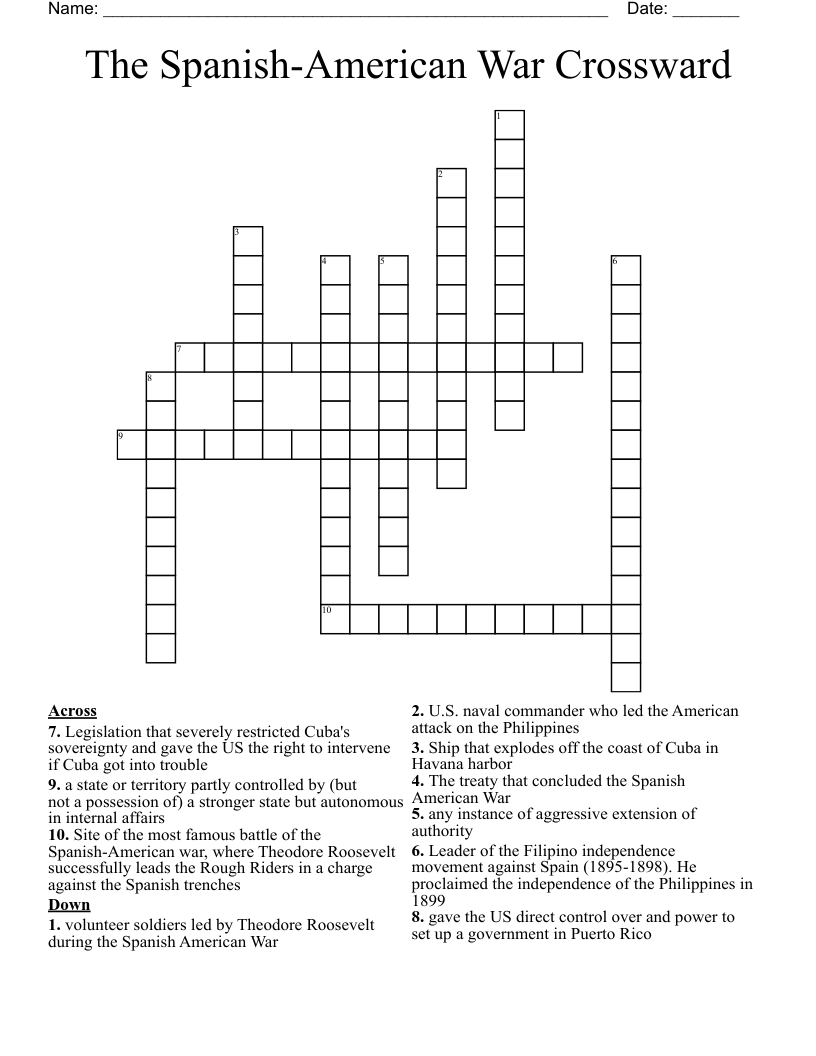 The Spanish-American War Crossward Crossword