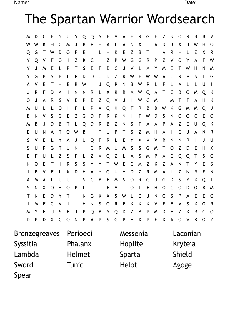 The Spartan Warrior Wordsearch