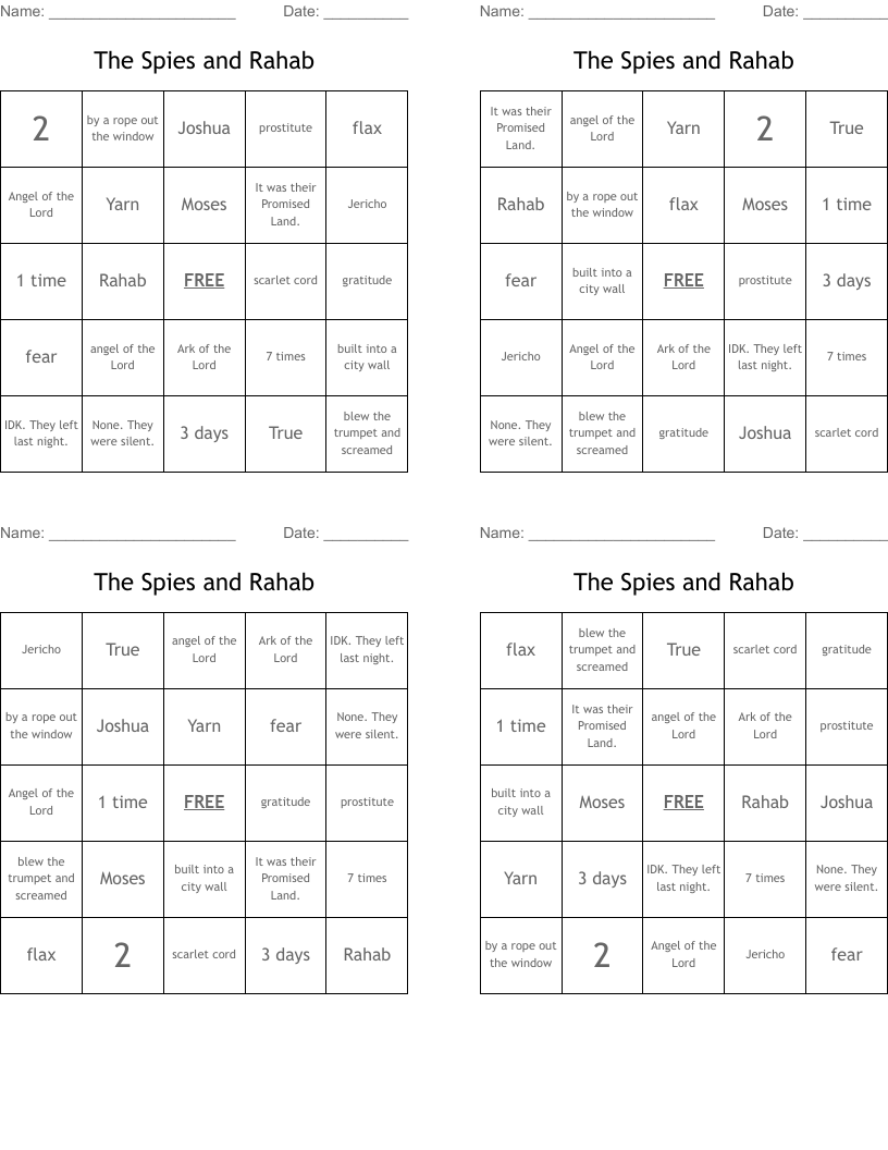 The Spies and Rahab Bingo Cards