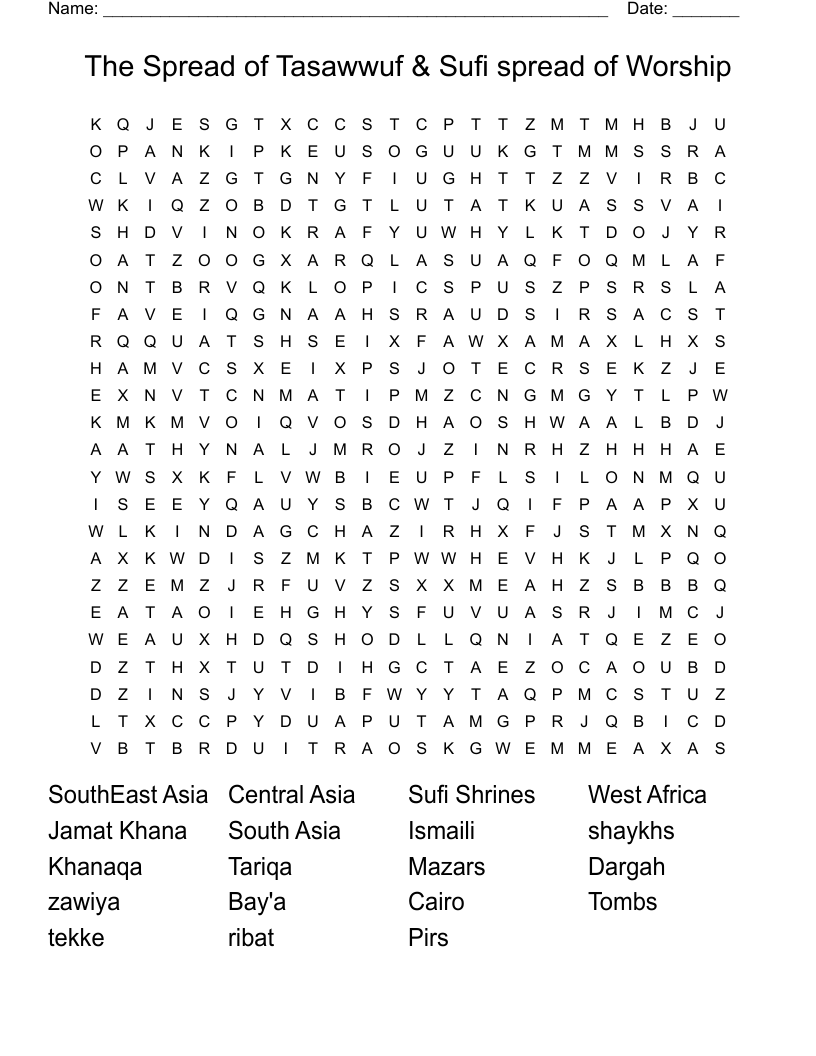 The Spread of Tasawwuf & Sufi spread of Worship Word Search