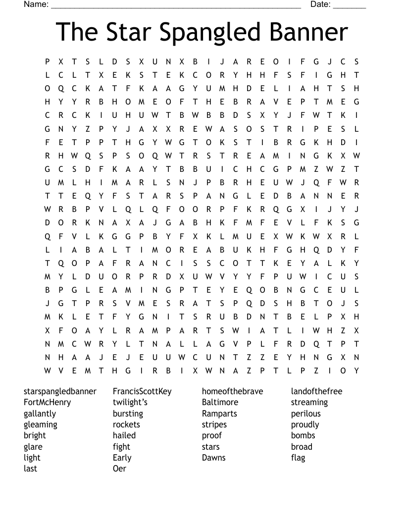 The Star Spangled Banner Word Search