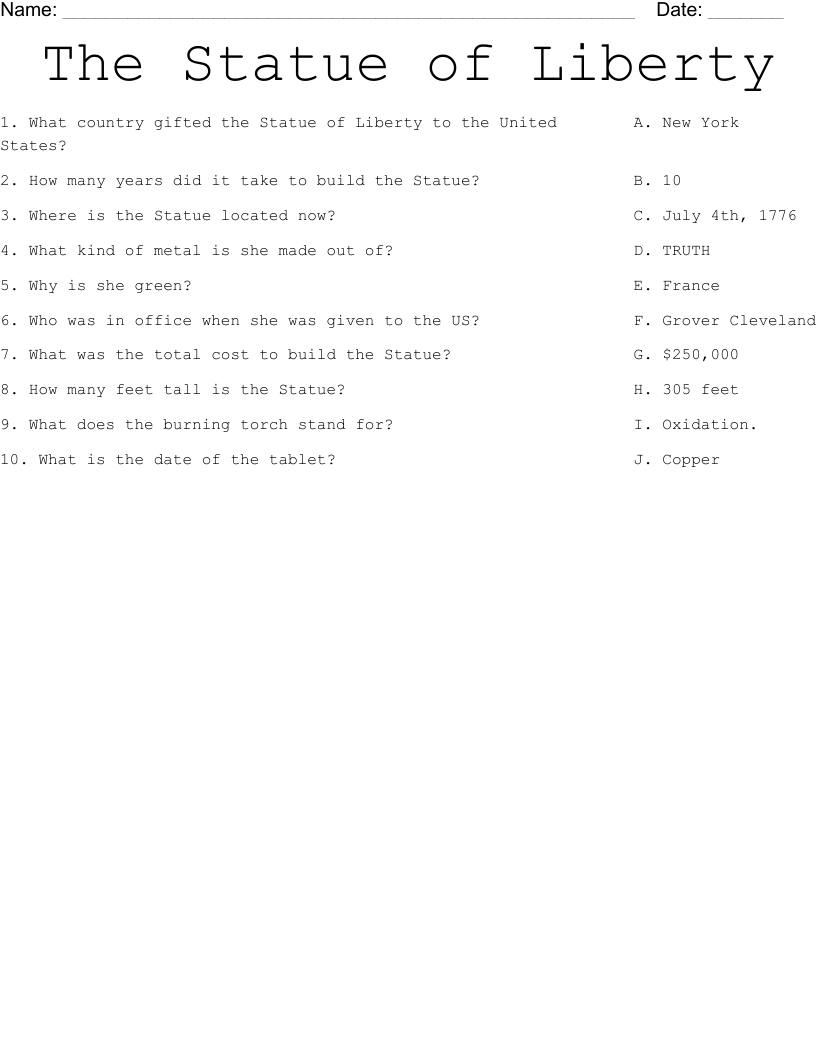 The Statue of Liberty Worksheet