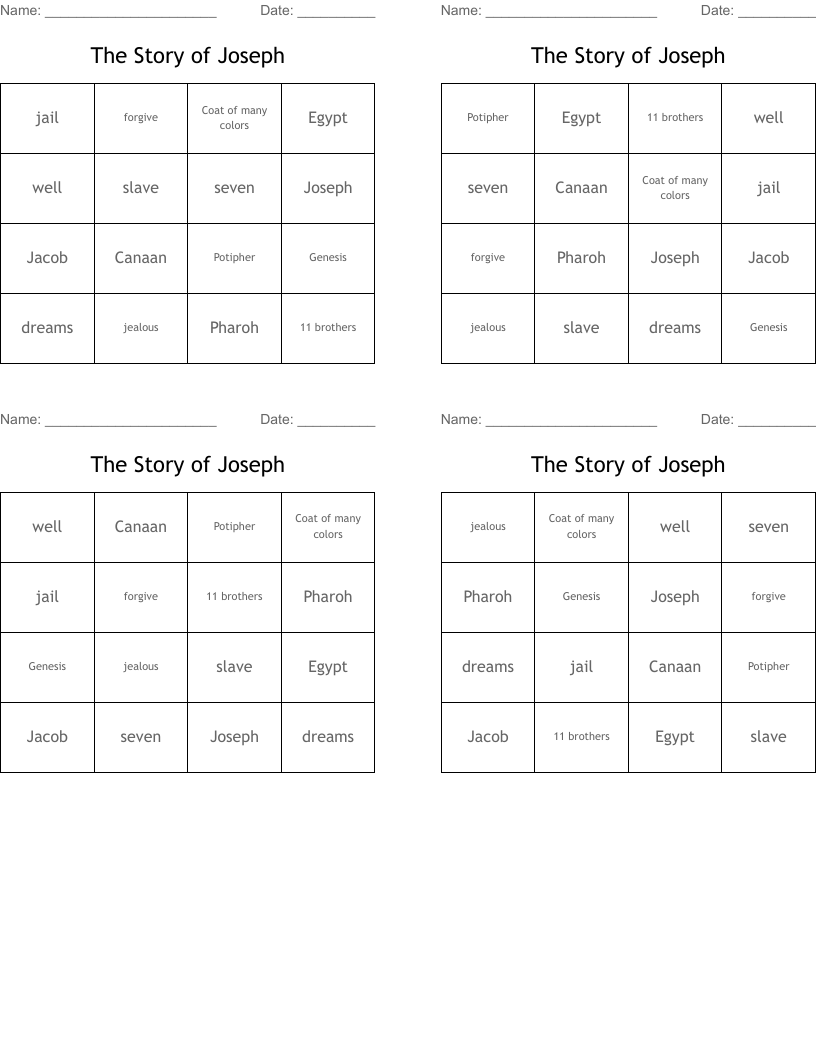 The Story of Joseph Bingo Cards