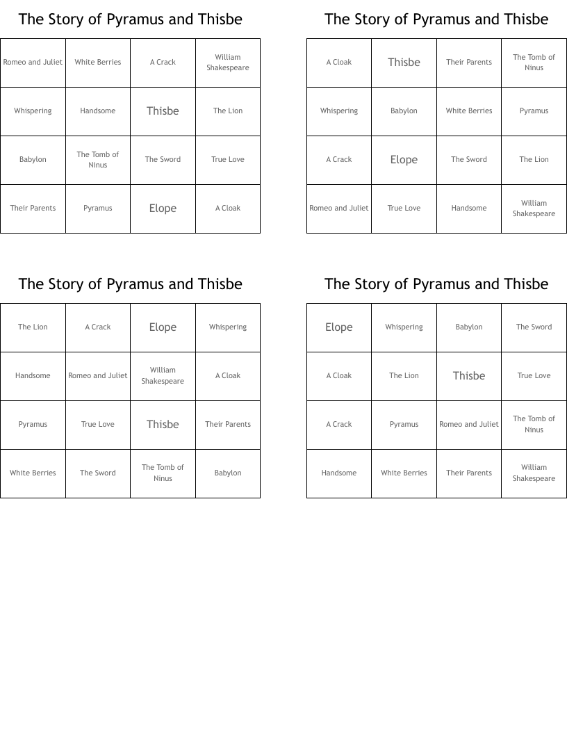The Story of Pyramus and Thisbe Bingo Cards