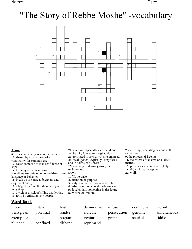 "The Story of Rebbe Moshe" -vocabulary Crossword