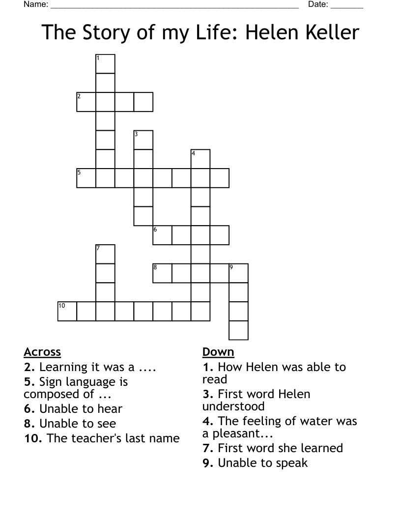 The Story of my Life: Helen Keller Crossword
