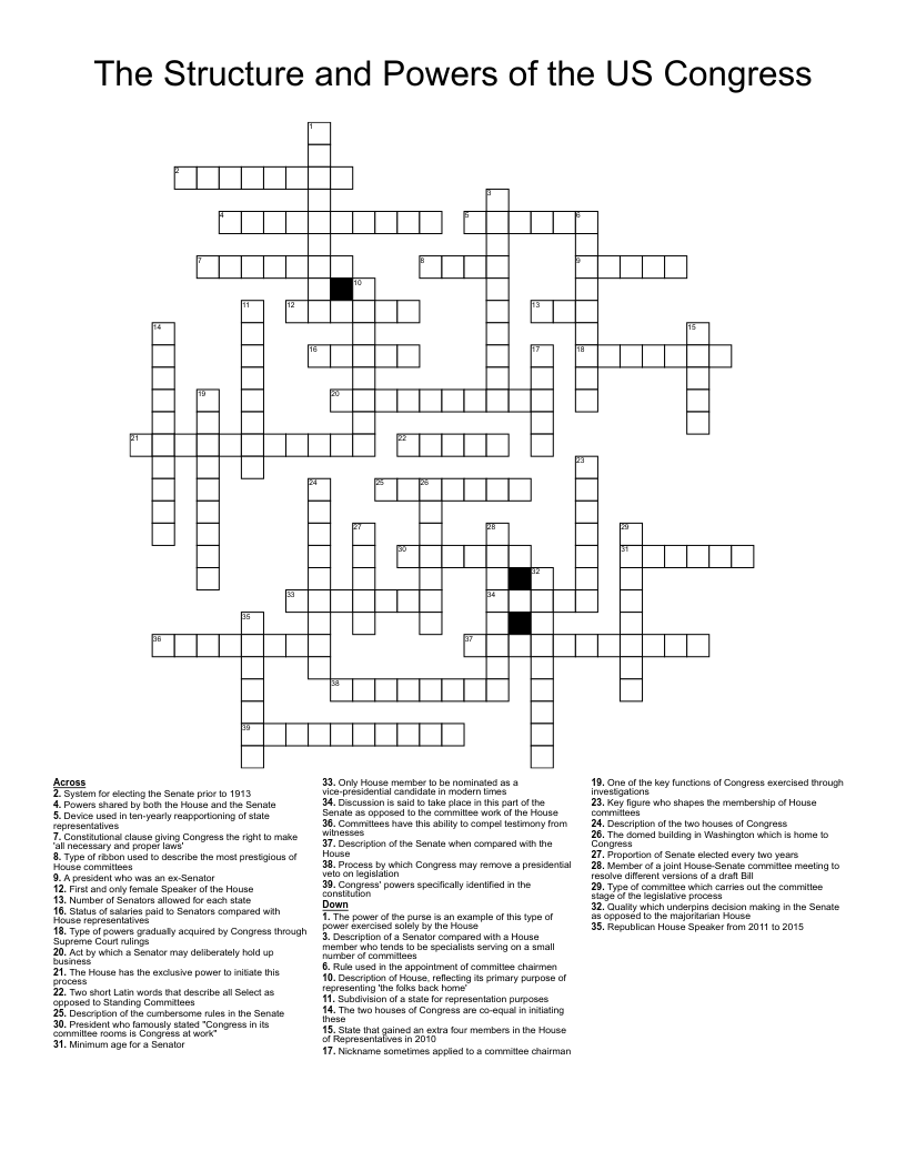 The Structure and Powers of the US Congress Crossword