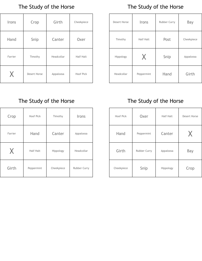 The Study of the Horse Bingo Cards