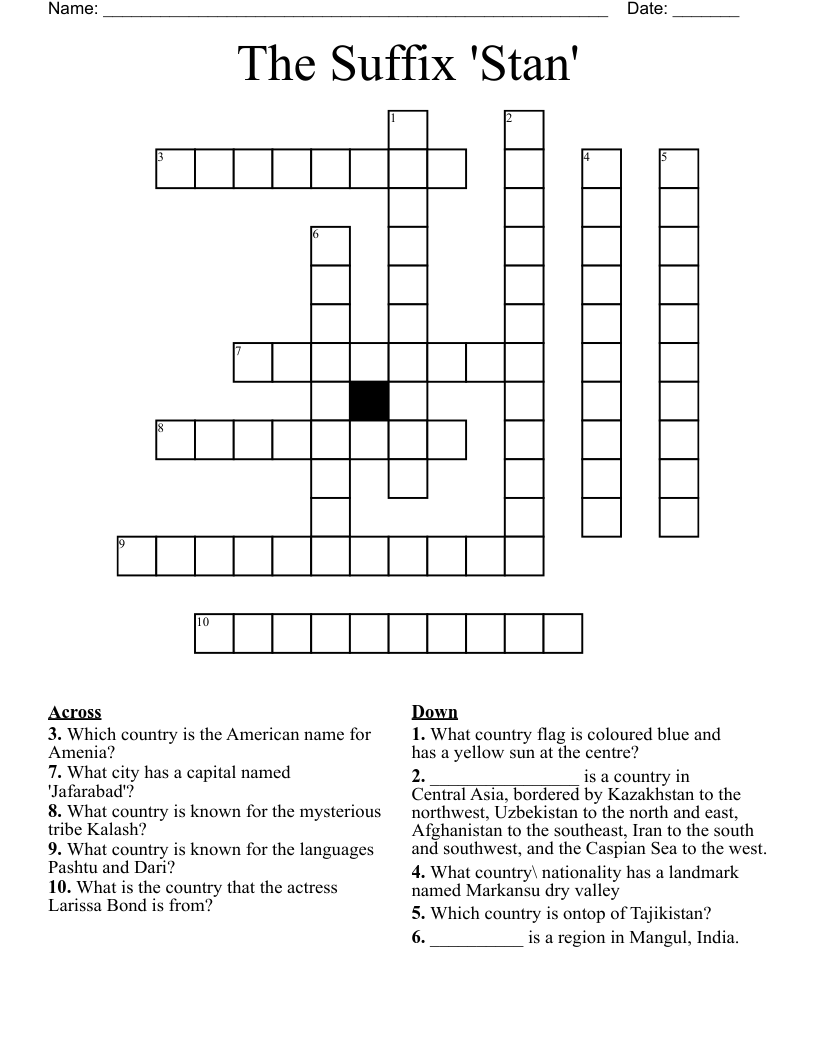 The Suffix 'Stan' Crossword