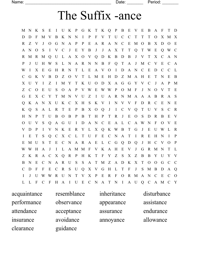 The Suffix -ance Word Search