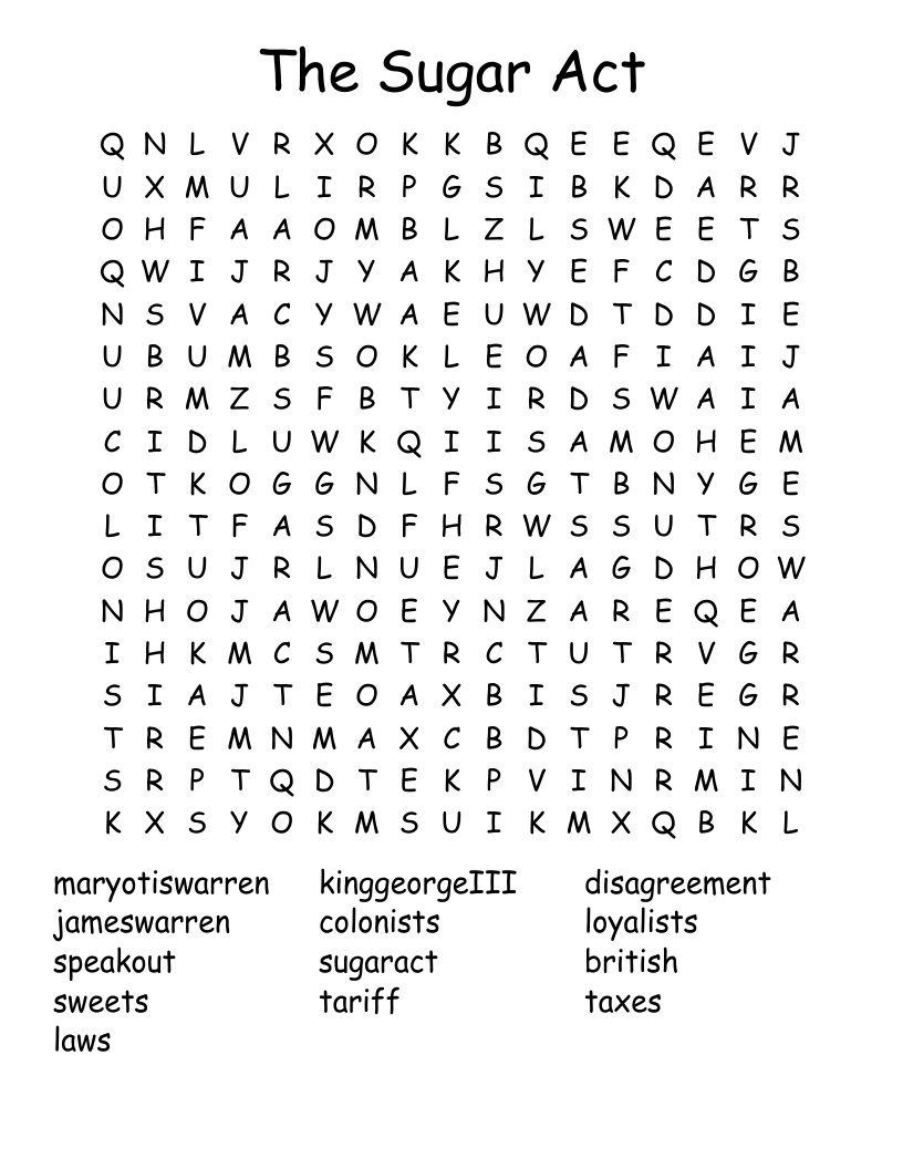 The Sugar Act Word Search