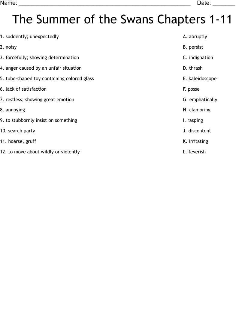 The Summer of the Swans Chapters 1-11 Worksheet