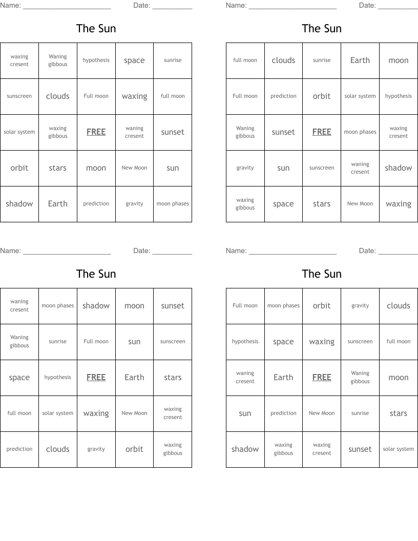 The Sun Bingo Cards