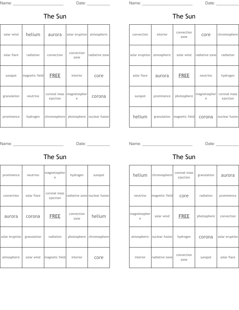 The Sun Bingo Cards