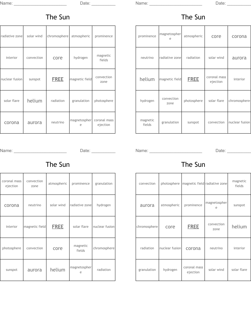 The Sun Bingo Cards