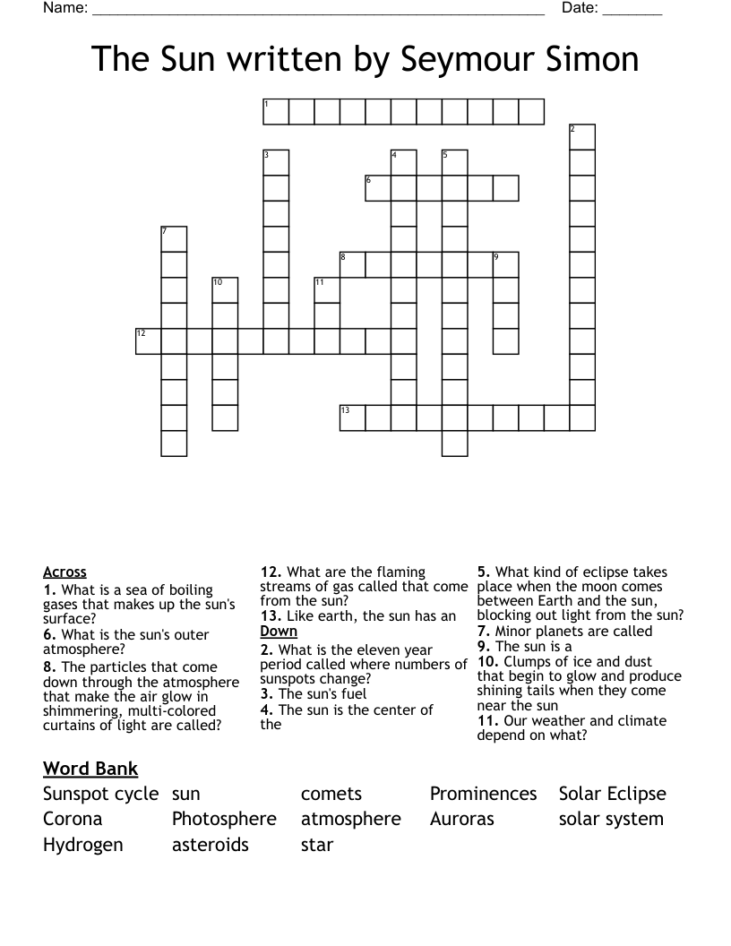The Sun    written by Seymour Simon Crossword