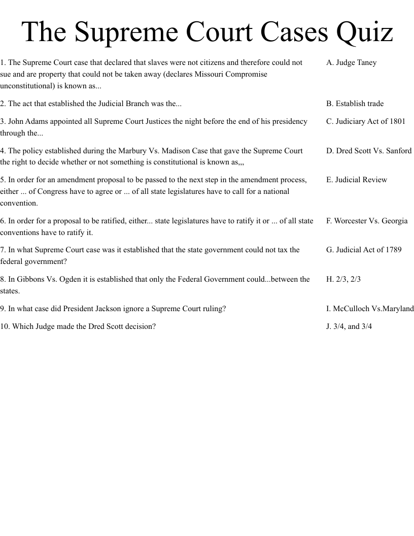 The Supreme Court Cases Quiz Worksheet