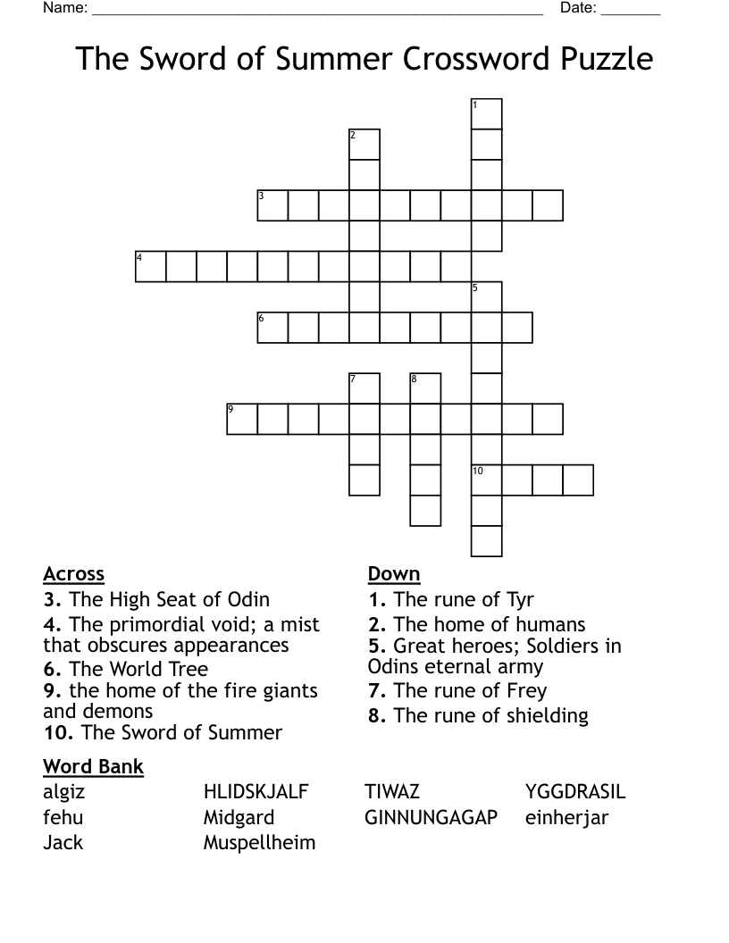 The Sword of Summer Crossword Puzzle