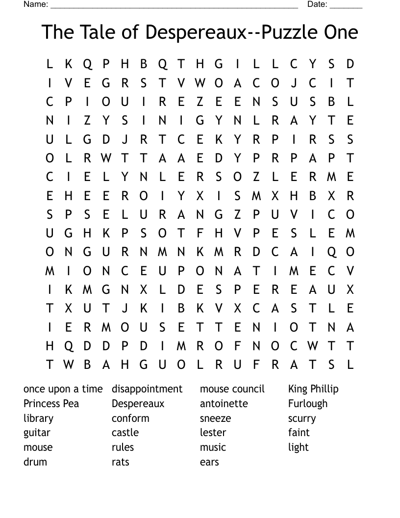 The Tale of Despereaux--Puzzle One Word Search