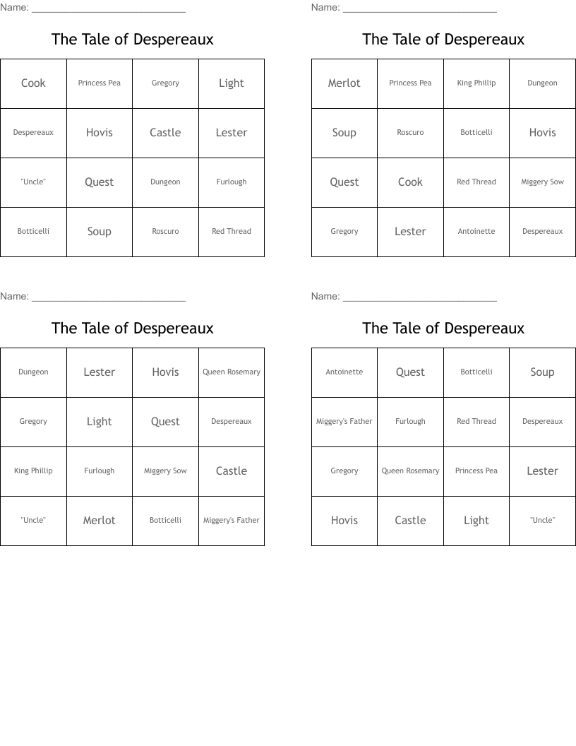The Tale of Despereaux Bingo Cards