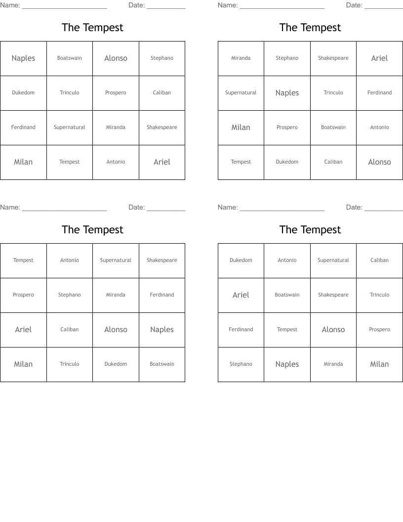 The Tempest Bingo Cards