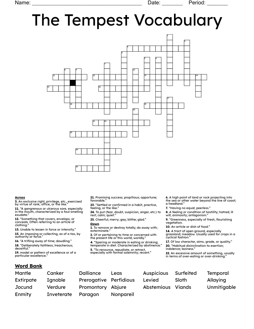 The Tempest Vocabulary  Crossword