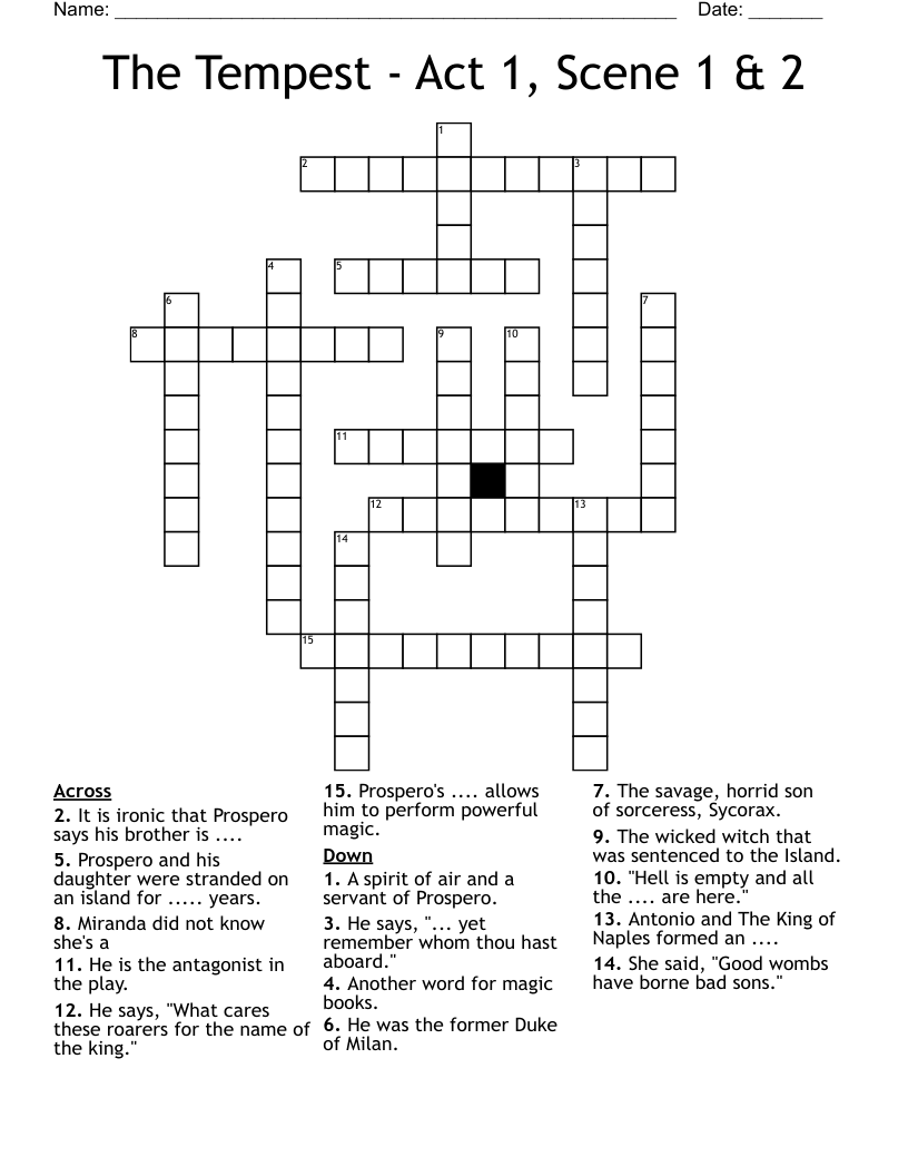 The Tempest - Act 1, Scene 1 & 2  Crossword