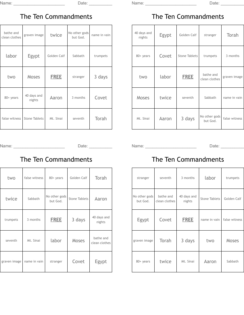 The Ten Commandments Bingo Cards