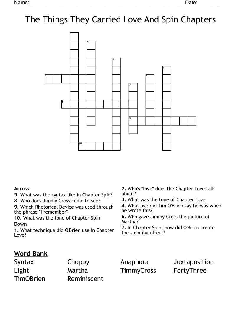 The Things They Carried Love And Spin Chapters Crossword