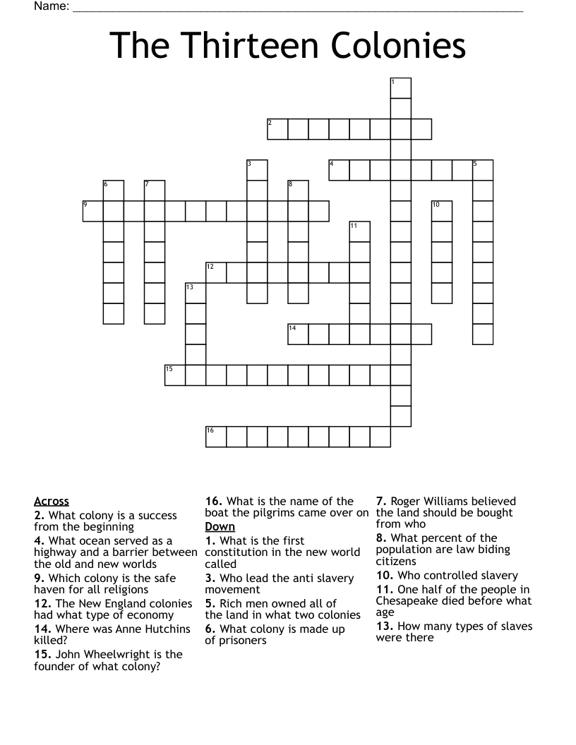 The Thirteen Colonies Crossword