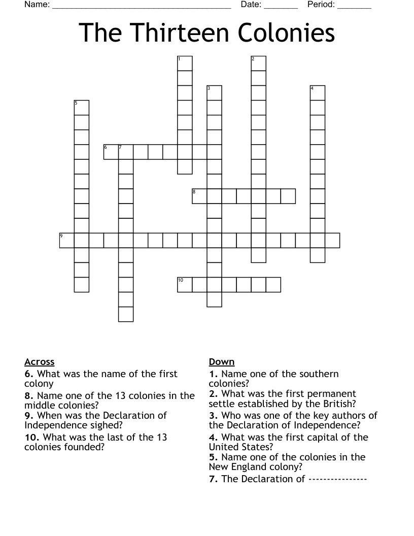 The Thirteen Colonies Crossword