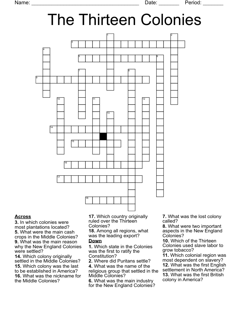 The Thirteen Colonies Crossword