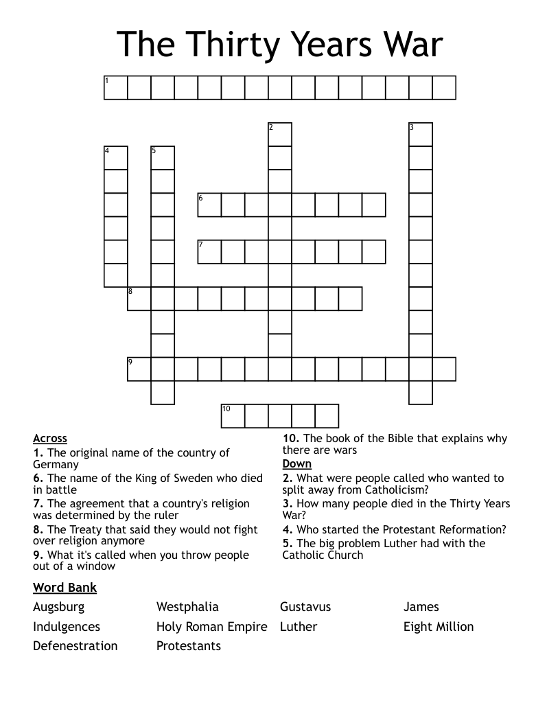 The Thirty Years War Crossword